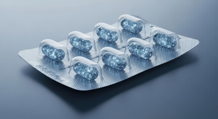 Blue capsules in a transparent blister pack arranged neatly on a smooth surface, showcasing the pharmaceutical product's design and highlighting its health benefits and modern packaging