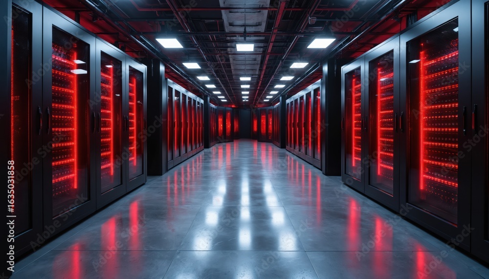 Poster modern data center corridor features rows of server racks illuminated with vibrant red lighting at n