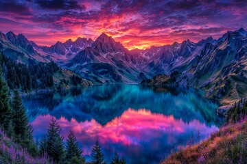 Stunning mountain landscapes at sunrise and sunset with colorful skies, clouds, and reflections over serene lakes