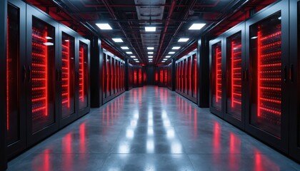 Modern data center corridor features rows of server racks illuminated with vibrant red lighting at night. Advanced infrastructure, designed for high performance, efficient cooling, cutting-edge