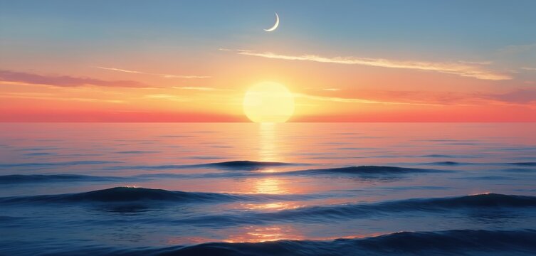 Abstract illustration of serene seascape at sunset with crescent moon visible in sky. Sun, large, golden, reflects on calm ocean waves. Sky displays beautiful gradient of orange, pink, blue, with