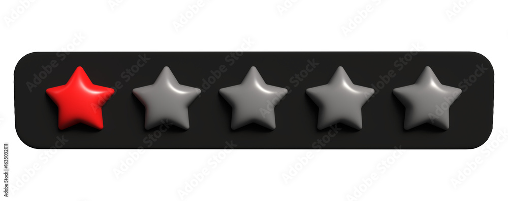 Poster single star review rating 3d bar – one red star symbolizes bad experience or low-quality feedback. b