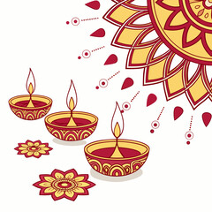 Vector Diwali background with diyas, mandala patterns and glowing lights on white space.