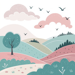 Nature landscape scene with rolling hills, clouds and birds, pastel colors on white background.