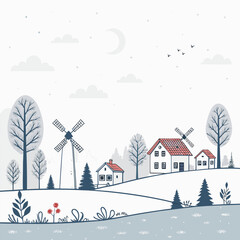 Minimal village background with trees, windmills, small houses, white sky.