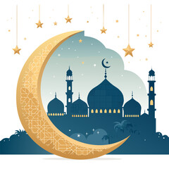 Eid celebration background with crescent moon, stars, mosque domes on editable white background.