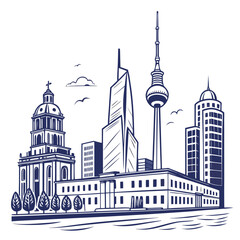 Flat city skyline background in modern vector style, clean white backdrop with blue tones.