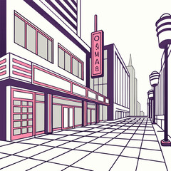 80s synthwave cityscape in minimalist vector style with grid floor and white sky.