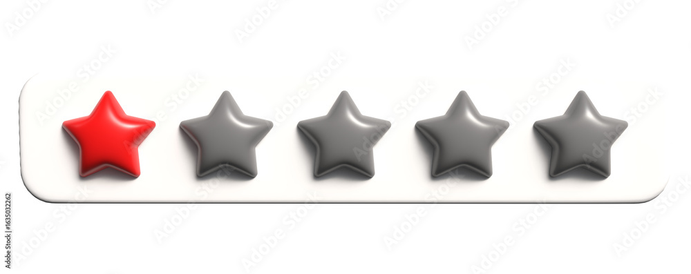 Poster one-star review on white background – red glossy star indicating strong dissatisfaction. simple nega