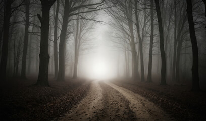 Dense fog blankets ancient forest with dirt path winding through bare trees. Obscured track fades into misty distance, creating mysterious, atmospheric scene perfect for contemplation adventure