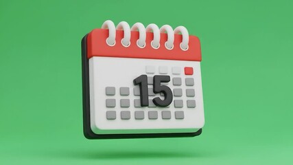 Calendar date, 15th, on green background. Reminder or appointment concept for web or print use