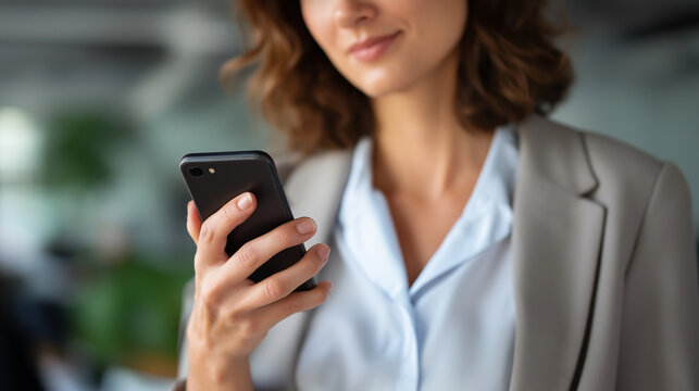 Businesswoman using smartphone for social media networking in modern office