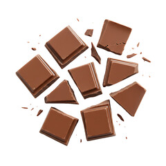Fototapeta premium Aerial view of milk chocolate squares and crumbs scattered on a black background surface top down on transparent background