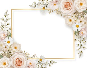 Elegant wedding frame with delicate floral accents. Soft pastel roses and daisies adorn a golden rectangle border. Sophisticated design element for invitations, celebrations, and romantic events.