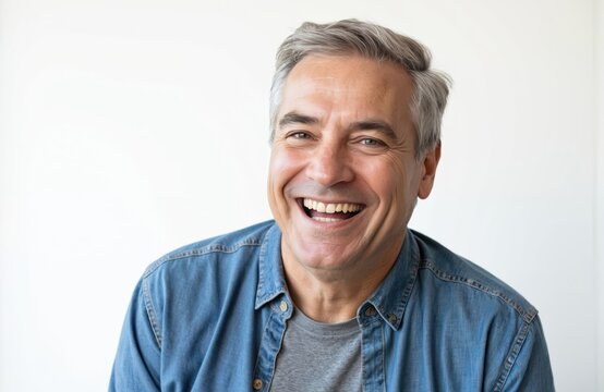 Portrait of happy senior man laughing heartily. Mature caucasian male looks at camera, white background studio. Casual denim shirt, confident smile, joyful expression, middle-aged man.