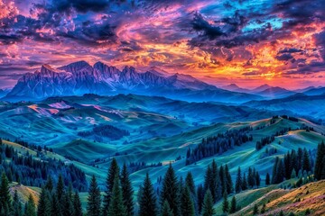 Panoramic view of a vibrant sunrise over the snow-covered mountain peaks with a misty green valley below