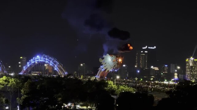 Dragon Bridge in Da Nang breathing fire close-up