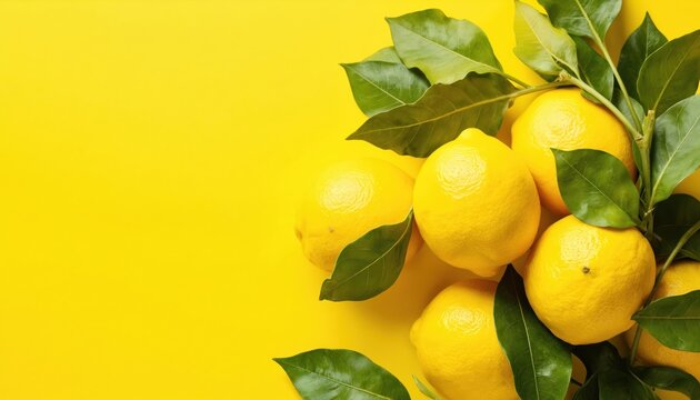 Bright yellow lemons with green leaves arranged on vibrant yellow background. Fresh citrus fruits with glossy skin, visible texture, suggesting natural produce, healthy eating. Perfect for culinary