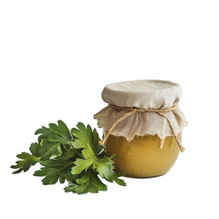 Small glass jar filled with golden honey and fresh parsley sprigs isolated on transparent background
