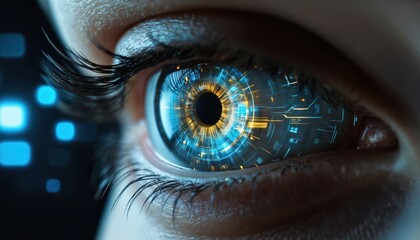 Close-up of human eye scanning digital interface. Blue and yellow futuristic graphics show security authentication system. Cybernetic iris with glowing circuits and data.
