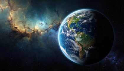 Fototapeta premium Vivid view of planet Earth glowing in expansive space, with colorful nebulae, stars. Shows continents, oceans, clouds. Global view of our world in vast cosmos, promoting exploration, astronomy themes.