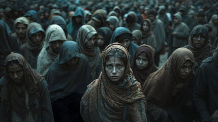 Female refugees in headscarves fleeing war with expressions of fear and desperation during humanitarian crisis. Oriental women