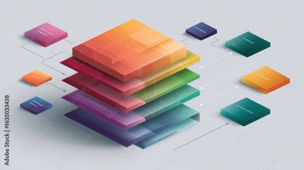 Poster colorful layered abstract design with geometric shapes representing data processing in a modern digi
