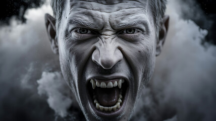 Close up of a menacing vampire with sharp teeth and angry expression in monochrome