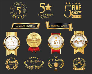 Obraz na płótnie Canvas Gold and black luxury labels and badges gold premium quality certificate ribbons vector illustration