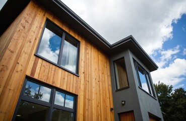 Contemporary house exterior features warm wood siding, dark grey stucco accents. Large windows reflect cloudy blue sky. Modern architectural design emphasizes clean lines, natural materials for