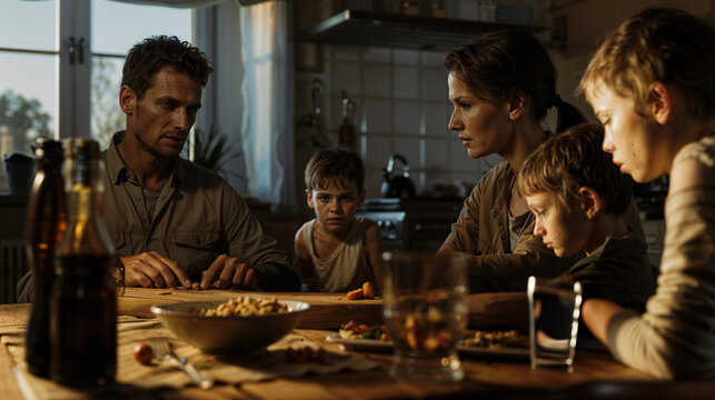 A poor family, with parents and children, sits at a dinner table in their home, looking sad and worried due to financial hardship. Economic crisis in America and Europe