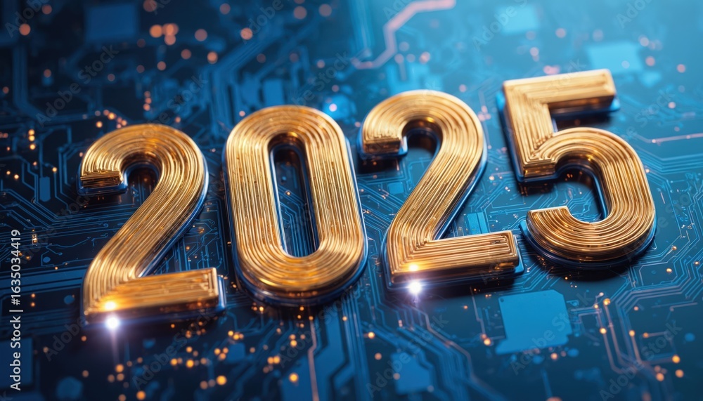Poster golden metallic numbers 2025 embedded in a blue circuit board. the futuristic design blends technolo