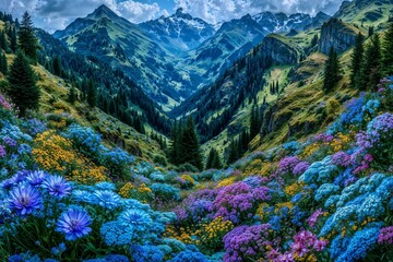 Mountain landscape with green summer alpine meadow, clouds, and a snowy peak 