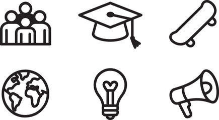 Education Icons Set Outline Style. People, Graduation Cap, Skateboard, Globe, Light Bulb, Megaphone.