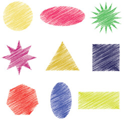 Set of simple colorful  geometric shapes with crayon brush, Rectangle, Circle, Ellipse, Star, Square, Triangle, Brush frame box, Vector texture illustration

