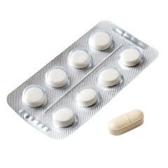A blister pack containing white round tablets and a single elongated capsule. The background is black, emphasizing the medication.