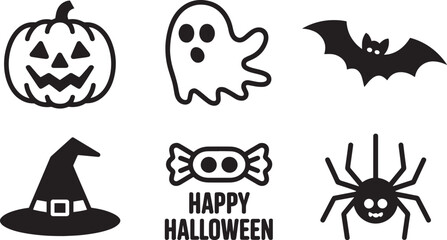 Halloween Icons Vector Set with Pumpkin, Ghost, Bat, Witch Hat, Candy, and Spider Elements