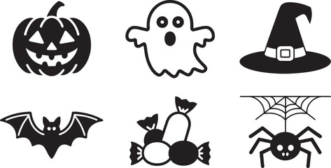 Fototapeta premium Halloween Icons Vector Set with Pumpkin, Ghost, Witch Hat, Bat, Candy, and Spider Web Elements