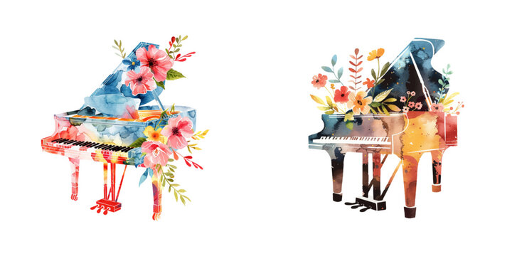 abstract color silhouette of piano with flowers watercolor vector illustration
