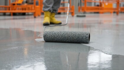 Pro waterproofing gray floor repair with paint rollers. Gray textured paint applied using rollers for smooth, durable finish. Construction work involves home improvement, renovation, maintenance of