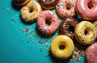Variety of colorful donuts with icing, sprinkles arranged on bright blue background. Includes chocolate, pink, yellow frosted options with various sugar toppings. Sweet pastries perfect for
