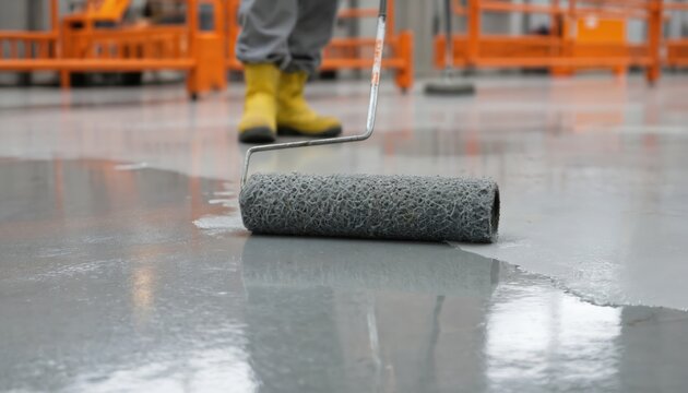 Pro waterproofing gray floor repair with paint rollers. Gray textured paint applied using rollers for smooth, durable finish. Construction work involves home improvement, renovation, maintenance of