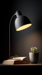 Modern desk lamp illuminating open book and eyeglasses for nighttime reading