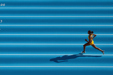 Female athlete running on blue track in competition