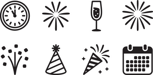 New Year's Eve Countdown Icons Set Black and White Line Art for Graphic Design and Decoration