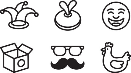 Playful Icon Set Featuring Jester Hat, Pouch, Smiley Face, Open Box, Glasses, Mustache, and Chicken