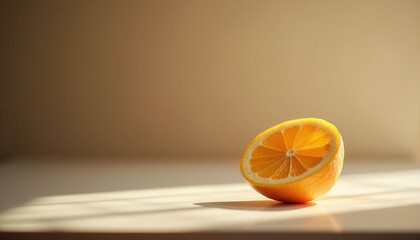 Fresh lemon slice on white table with soft natural lighting  