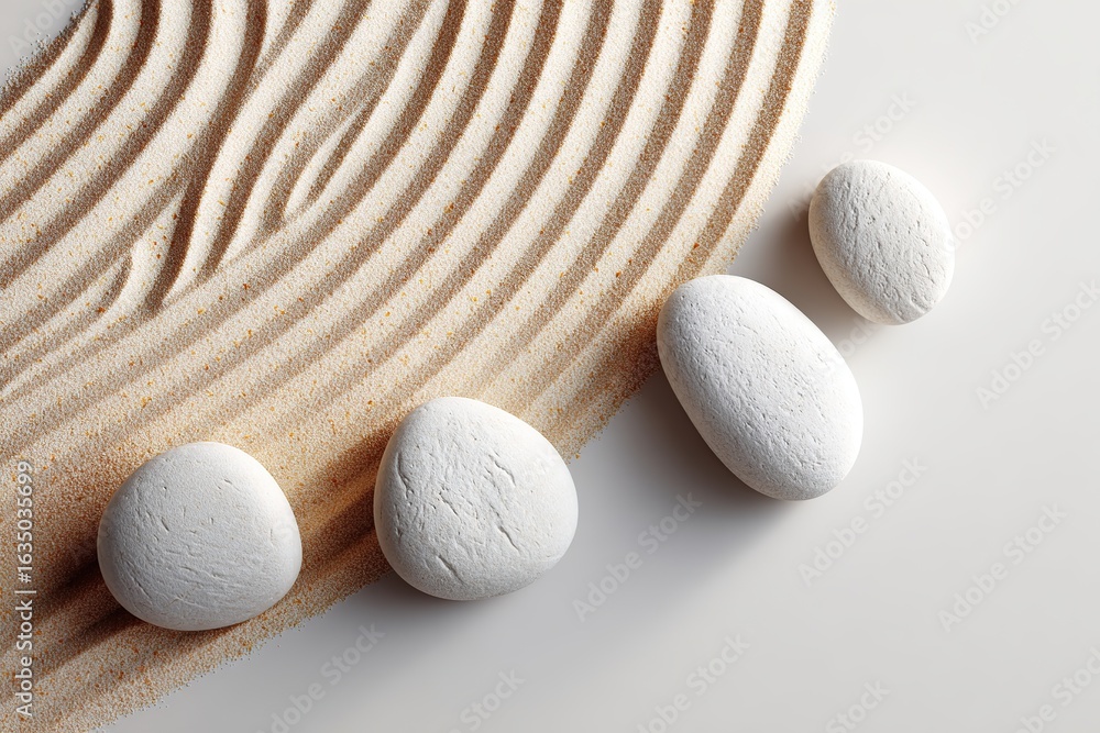 Poster white stones resting on a gently flowing sand pattern in a modern setting