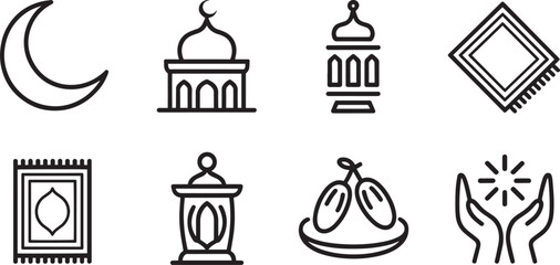 Ramadan Line Icons Set Crescent Moon Mosque Lantern Prayer Rug Dates Hands Islamic Elements