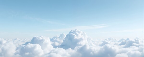 Fototapeta premium Pastel blue sky with isolated beautiful white clouds creates serene, vast expanse. Bright, puffy cloudscape offers ample copy space for advertising, design needs. Soft sunlight illuminates pristine